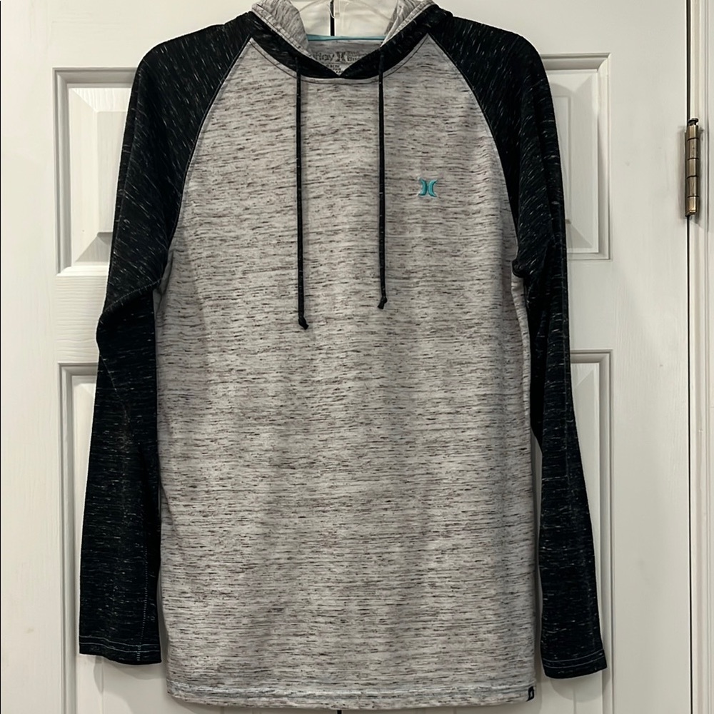 Hurley Heather Gray Body Black Raglan Hoodie with Teal Logo